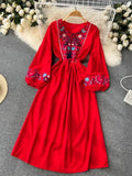 Ethnic Style Retro Embroidered Dress Women's Mid-length Waist Slim Lantern Sleeves Literary Gentle A-line Vestidos Women D1031
