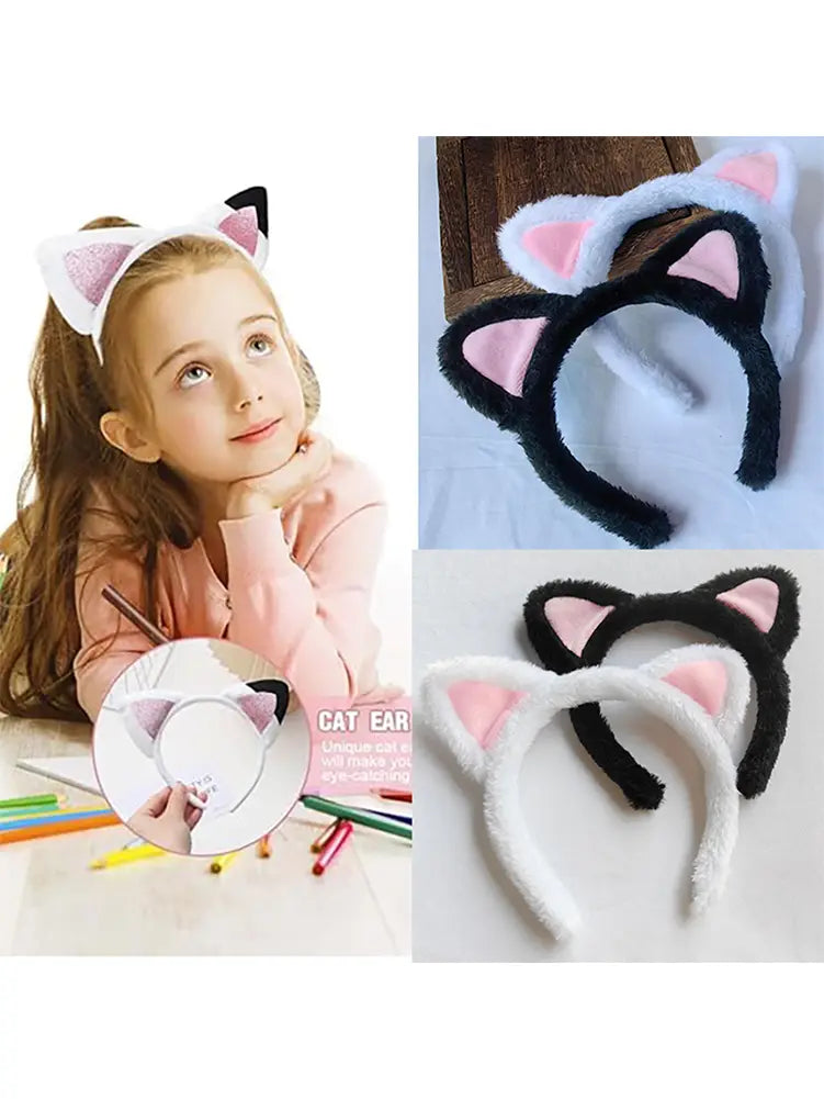 diadema suave y esponjosa de gato color rosa con orejas internas rosa y armazón exterior blanco o negro, accesorio para el cabello kawaii esponjoso