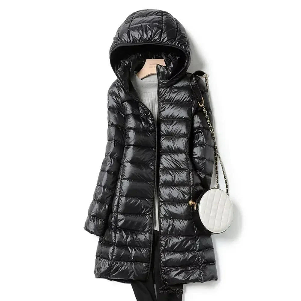 Fashionable Outerwear Winter Women Korean Fashion Slim Remove Hooded Parka Down Jackets Long Light Thin Coat Puffer Jacket