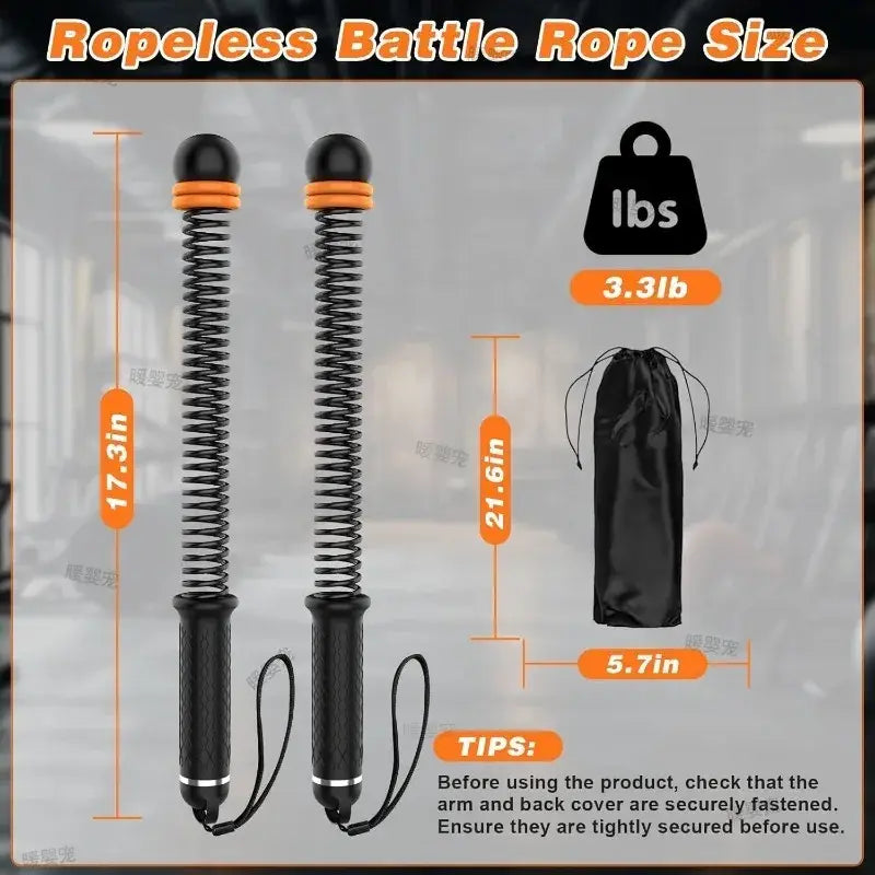Black ropeless battle ropes with orange accents and textured grips designed for adjustable strength training fitness equipment.