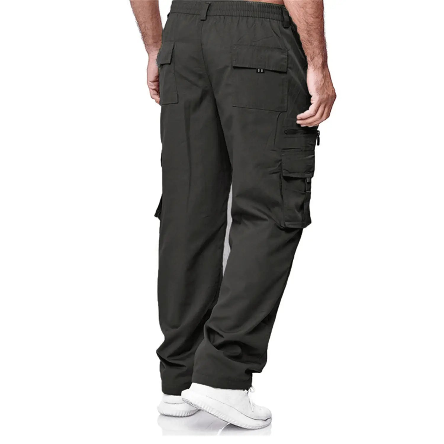 Pantalones cargo casuales holgados para hombre en verde oliva oscuro, con múltiples bolsillos y un ajuste relajado, para un uso diario cómodo.