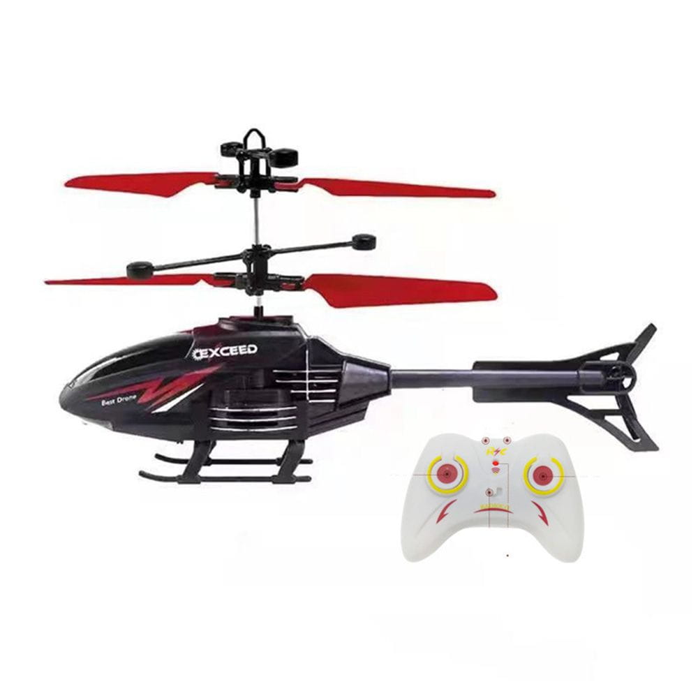 black and red exceed brand flying helicopter toy with usb rechargeable feature and white controller with yellow and red accents