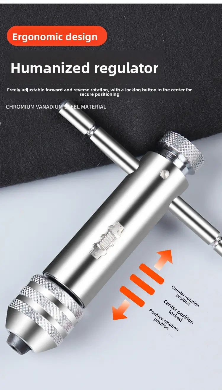 silver-colored ergonomic t-handle regulator made of chromium vanadium steel with a locking button for secure positioning in a tap and die set thread cutting tool kit