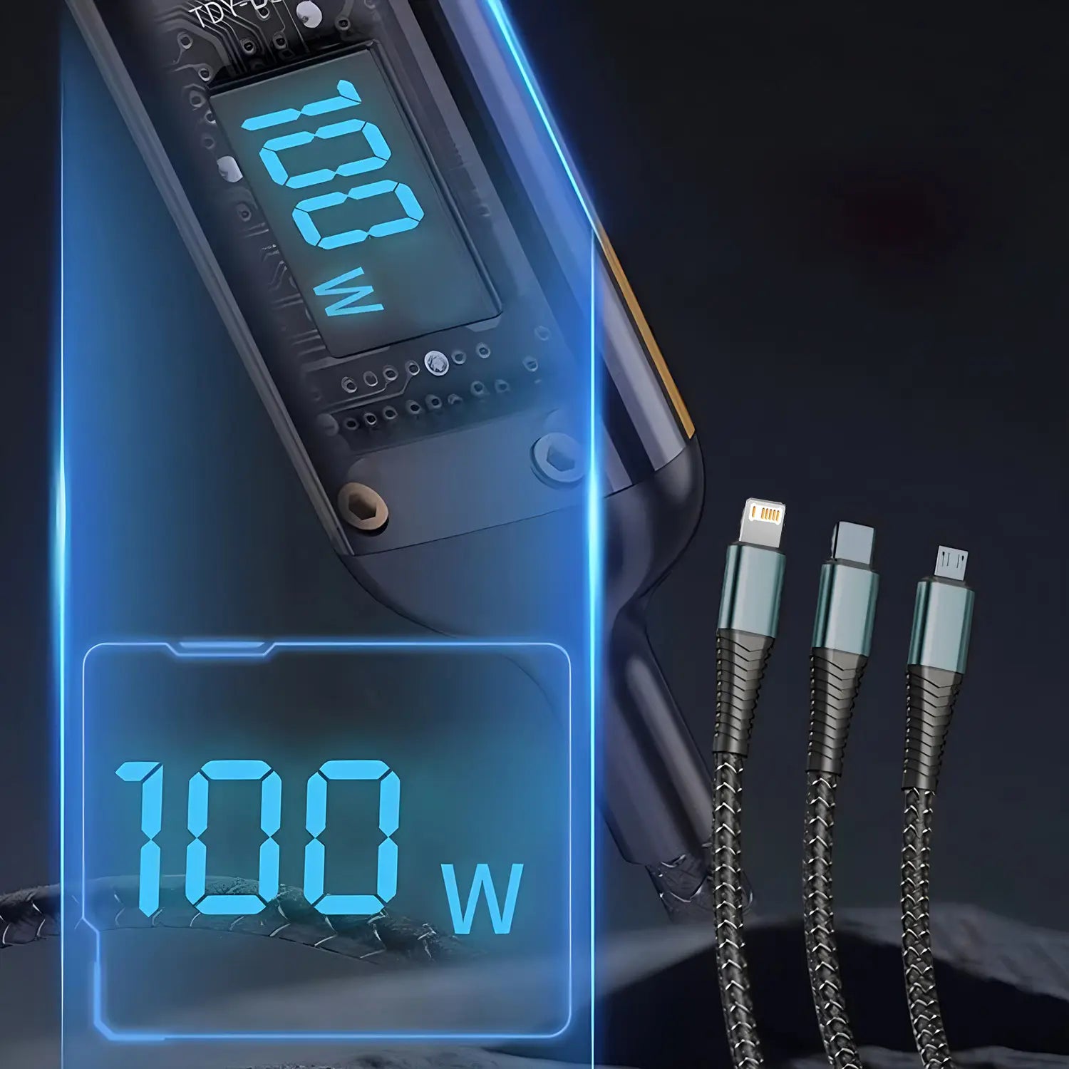 Batterie externe de charge rapide 100 W noire et argentée avec trois câbles USB-C, Lightning et micro-USB en nylon tressé pour recharger une grande variété d’appareils.
