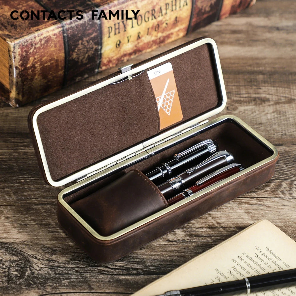 Luxury Handmade Genuine Leather 3 Slots Pen Case Retro Stationery Organizer School Office Gift Box