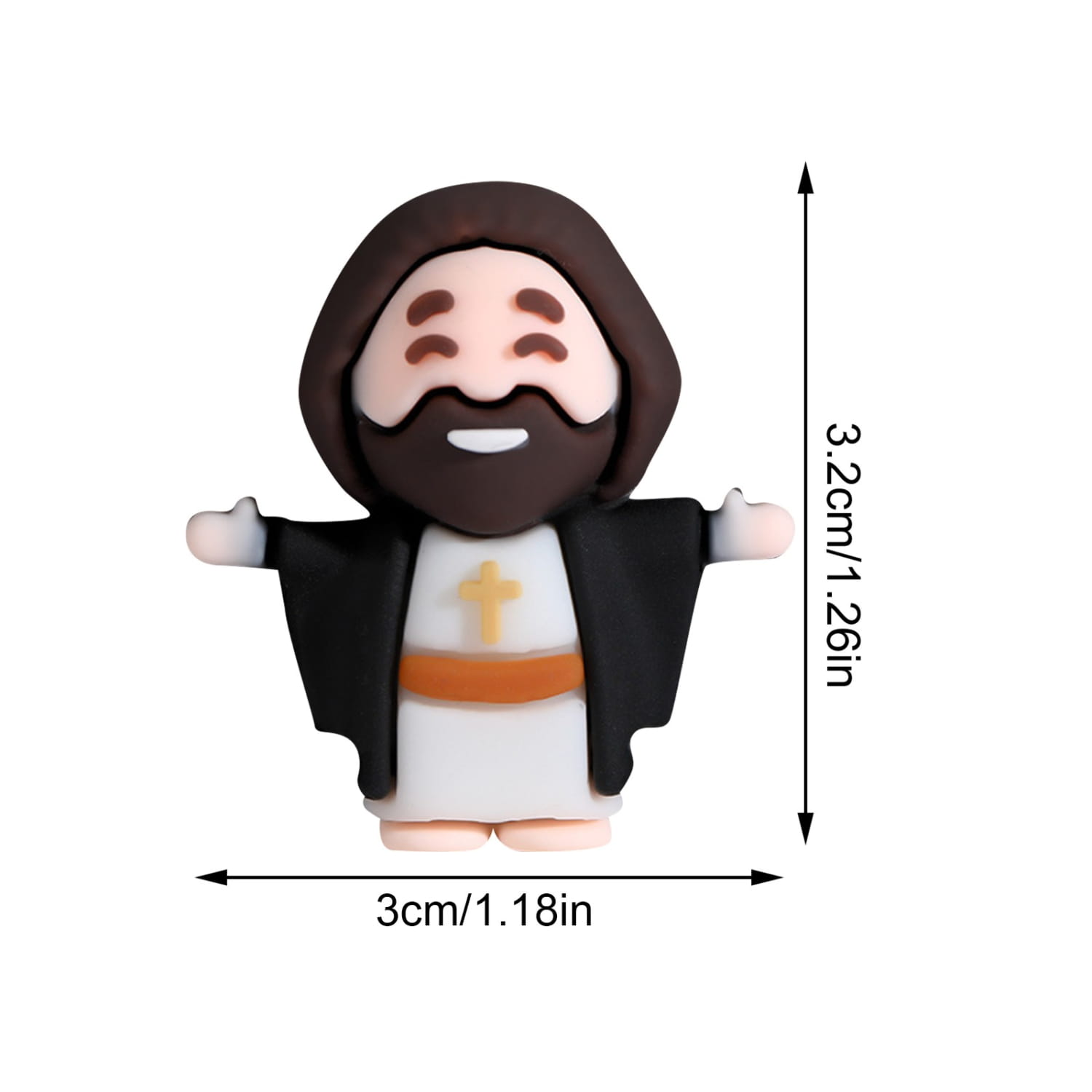 A charming 3cm-tall mini jesus figurine with brown hair and beard wearing a white robe accented by an orange sash and black cloak with a gold cross suitable as easter party favors in a set of 10 pcs.