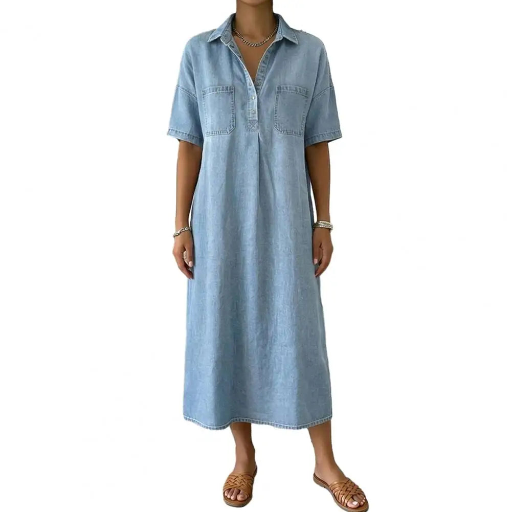 Women's Vintage Denim Shirt Dress Casual Short Sleeve Button Up Jean A-Line Long Dress with Pockets Commuting Style Midi Dress
