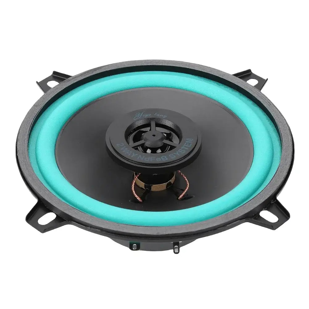 black and teal universal hifi coaxial subwoofer car speaker with a black center cone copper wiring and mounting brackets for audio stereo systems