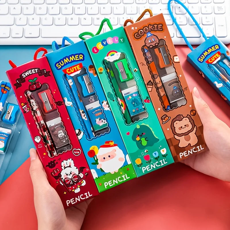 40 Pieces/8 Sets of Cute Stationery Gift Packs, 5/1 Set of Back-To-School Stationery, Each Set Includes a Pencil, Eraser, Sharpener, Ruler (Style/Color Random), High-Quality Stress-Relief Animal Stationery Set, Essential for