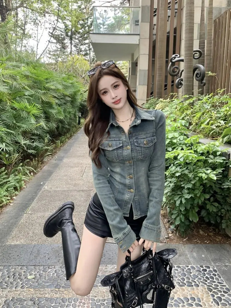 Women Denim Blouse Vintage New Spring Full Cotton Lace Up Solid Casual Jacket Jeans Women Street Style Euro-America Style