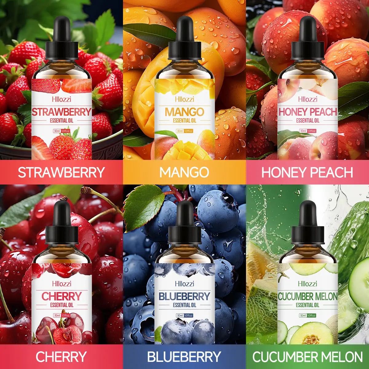 Six glass bottles of hillozzi essential oil with black dropper caps labeled for different fruit scents including strawberry mango honey peach cherry blueberry and cucumber melon in an essential oil fruit set for skin care.