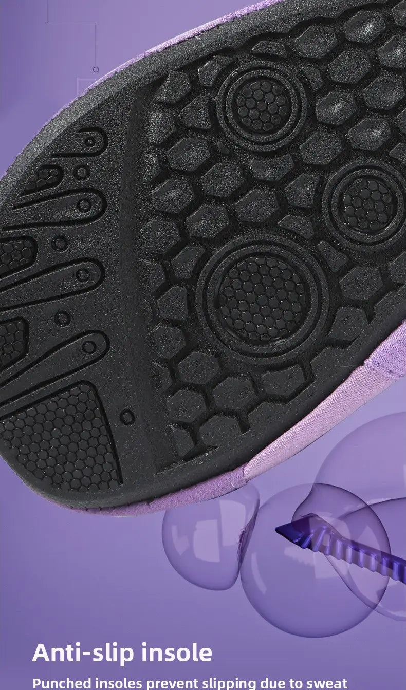 black rubber sole with hexagonal and circular traction patterns on the back side of a light purple women yoga shoes anti-slip fitness flats