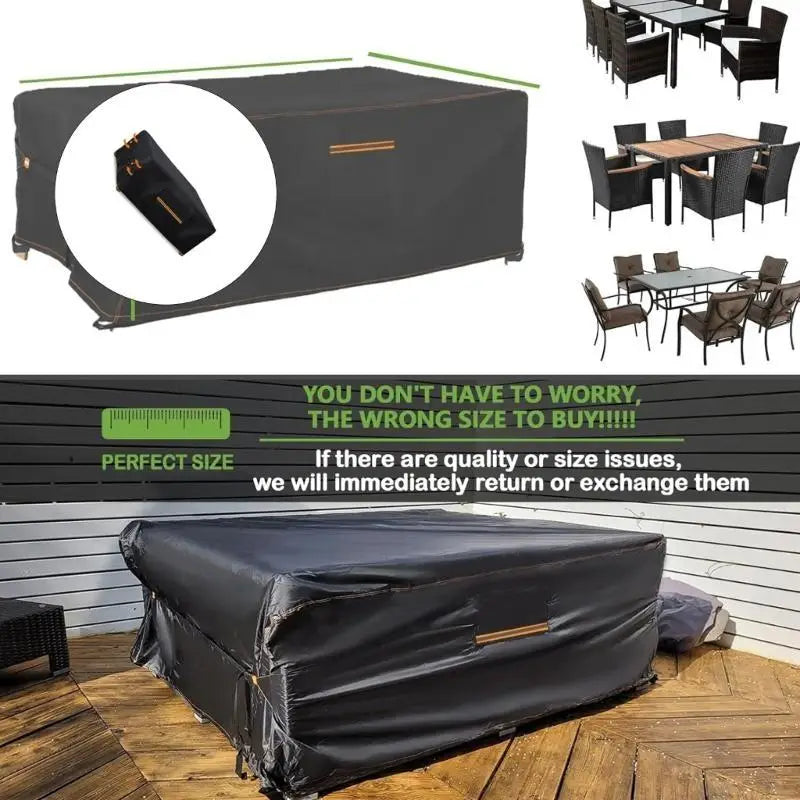 Funda negra impermeable para muebles de exterior hecha de tela Oxford con tiradores de cremallera dorados y esquinas reforzadas para mayor durabilidad.