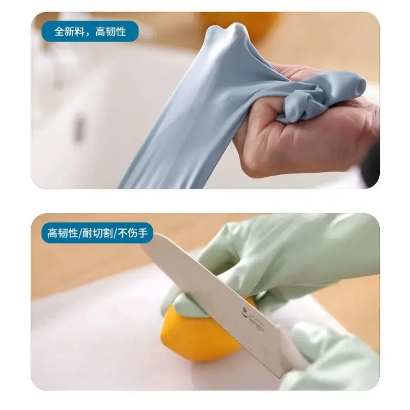 Light blue flexible rubber waterproof kitchen gloves designed for cleaning shown from the back side.