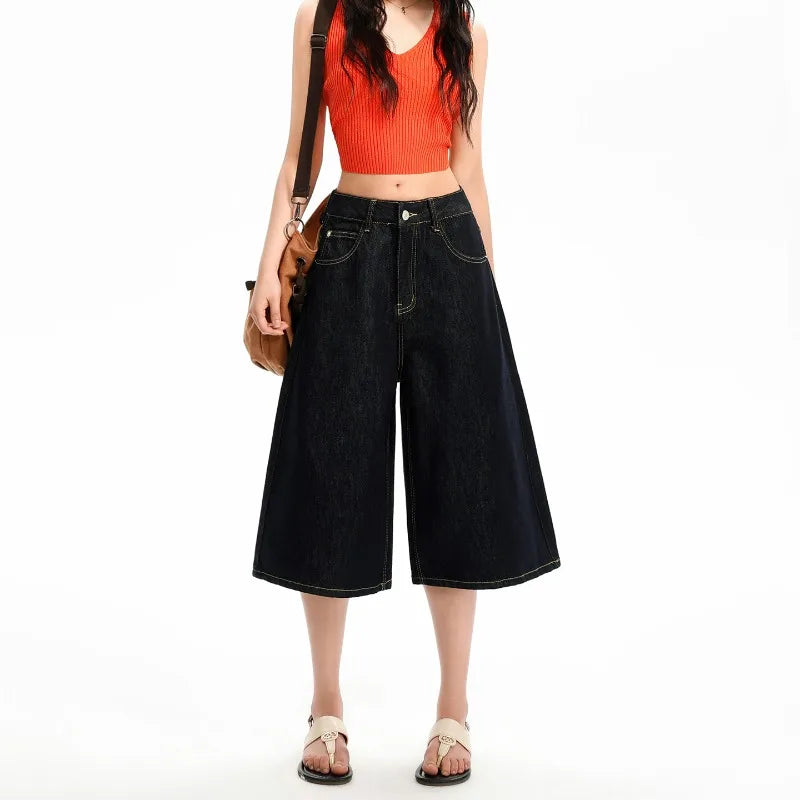 Korean Casual High Waisted Denim Shorts for Women Spring Summer Baggy Jeans Shorts Y2k A-Line Wide Leg Casual Jeans High Street