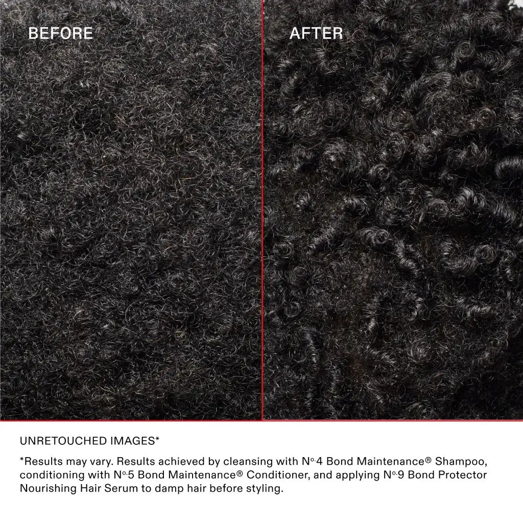 the image shows a before and after comparison of dark curly hair treated with bond maintenance® hair care series frizz repair split ends shampoo and conditioner for effective control frizz repair.