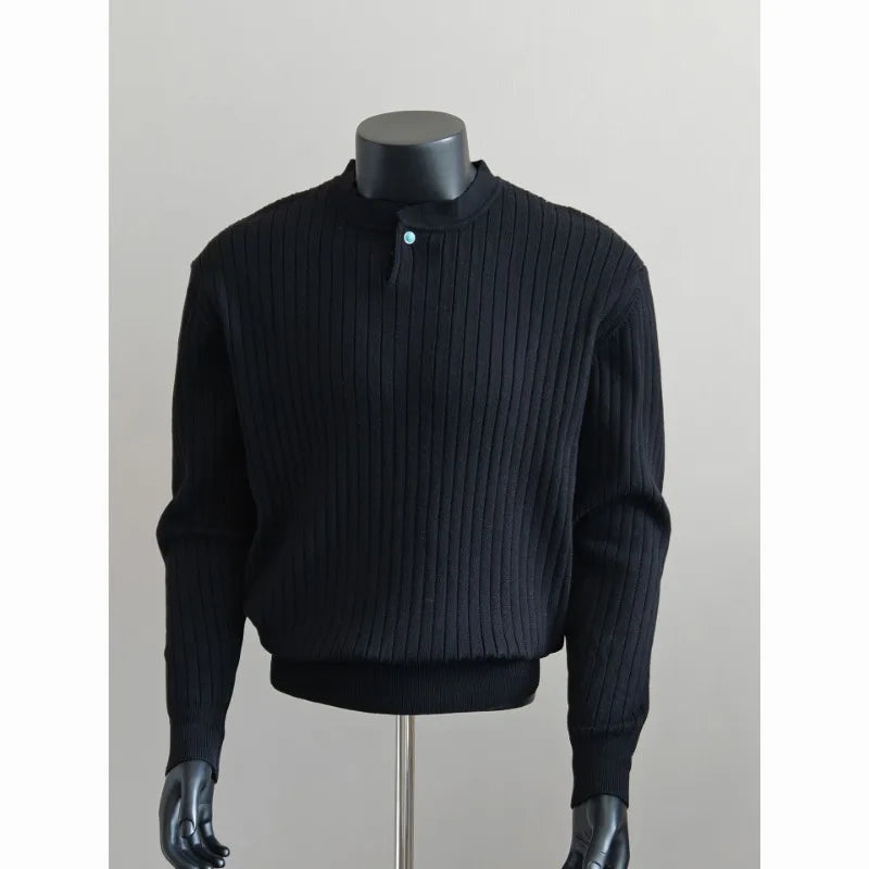 Men's Loose Textured Knit Sweater Spring Autumn American Style Casual Solid Color Inner Top