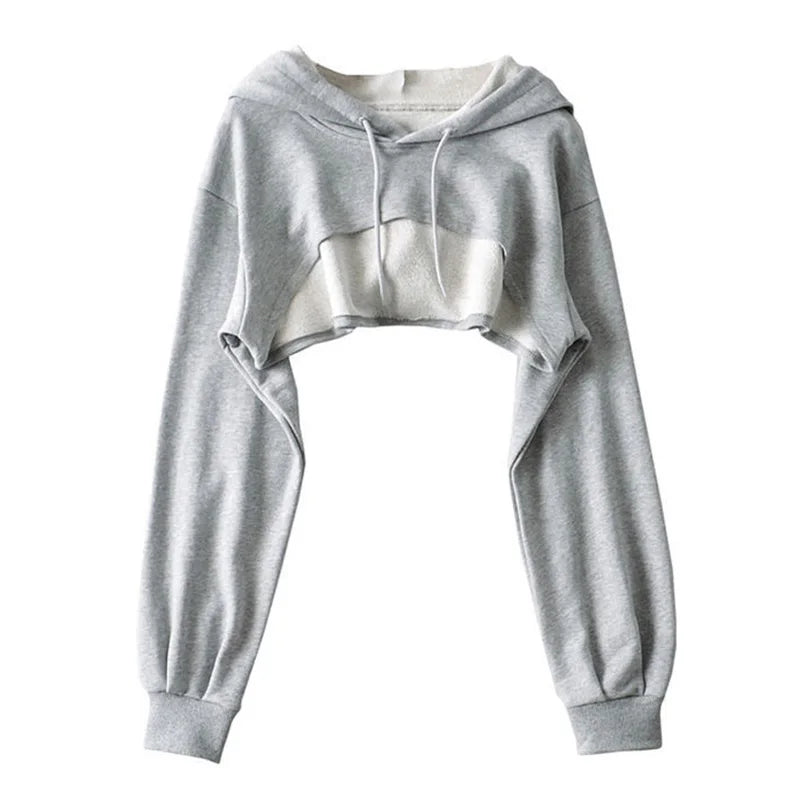 Women's Cropped Hooded Sweatshirt Solid Color Long Sleeve Front Hollow Out Short Hoodies Sweater Spring Autumn Streetwear