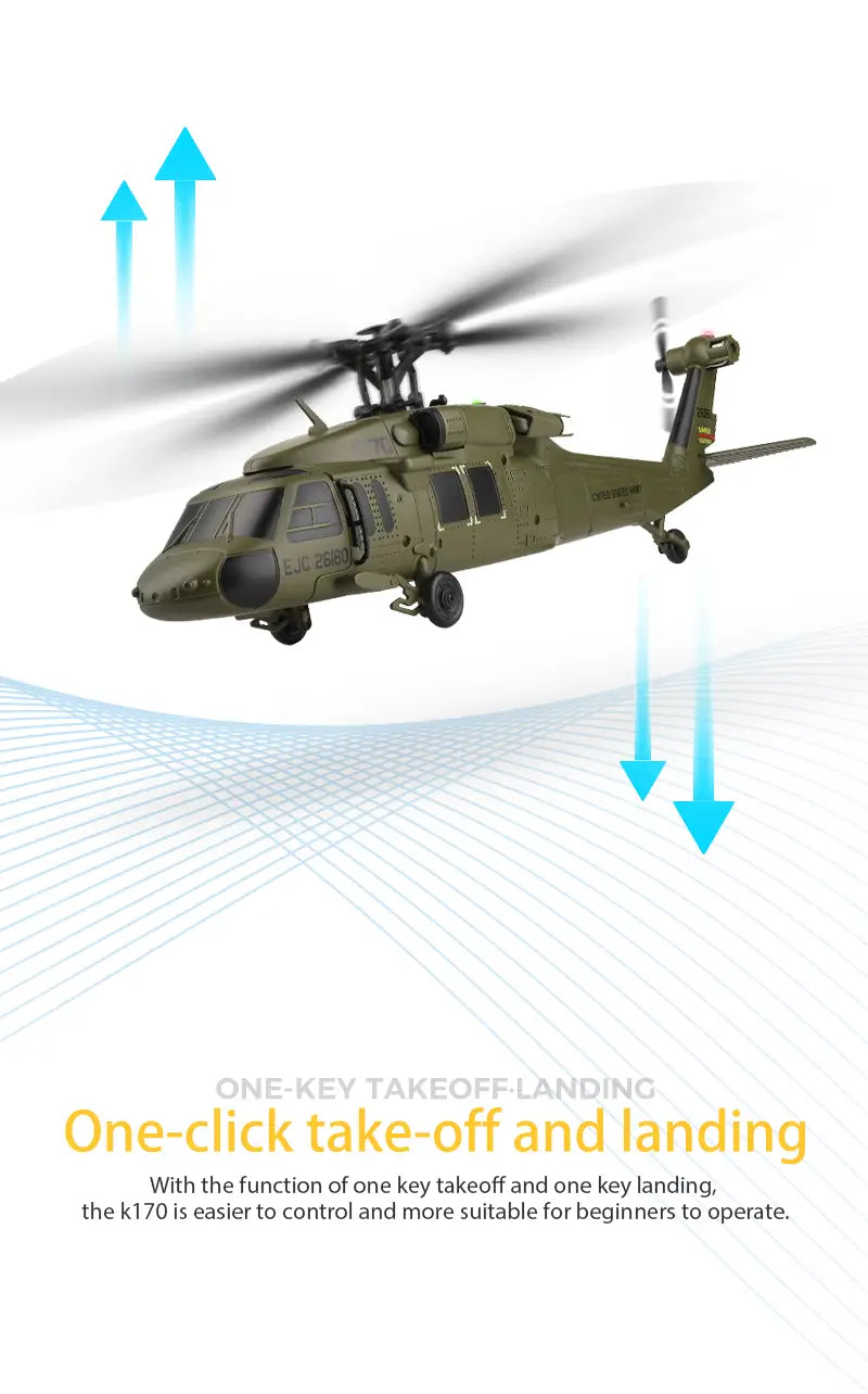Olive green Wltoys K170 Uh-60l remote control helicopter model with detailed cockpit and rotor blades featuring 800mah 20c battery for extended flight time.