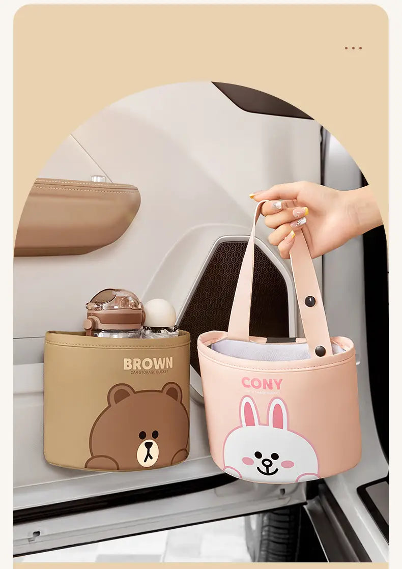 portavasos para coche de piel sintética en tonos beige y rosa, con personajes de dibujos animados marrones y cony en el reverso del asiento, para la organización del asiento trasero, bolsa de piel sintética tipo osito de dibujos animados