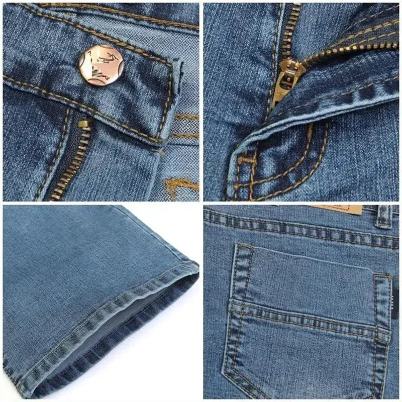 Men black flare denim jeans slim fit trousers featuring blue denim fabric with rose gold button and zipper accents.