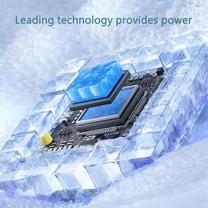 A sleek blue-tinted processor encased in a transparent ice-like casing representing the usb-c fast charging cable nylon braided 6a with fast charging capability.