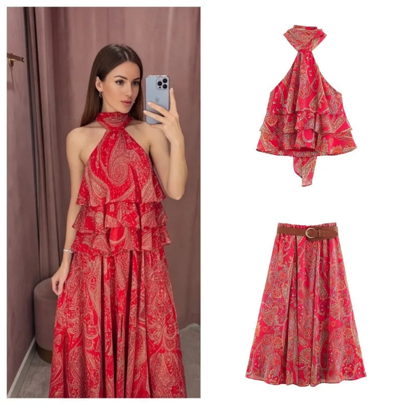 Elegant Chic Print Women Sets Comfortable Bow Halter Tops Belt Midi Skirts 2026 Summer Street Holiday Fashion Suits