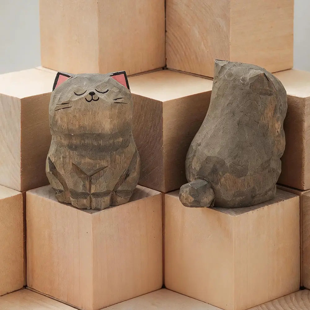 handcrafted wooden cat figurine desk decor featuring hand-carved wooden cats with pink inner ears and simple facial features shown front-facing and from the back side as an actual product factory direct item.