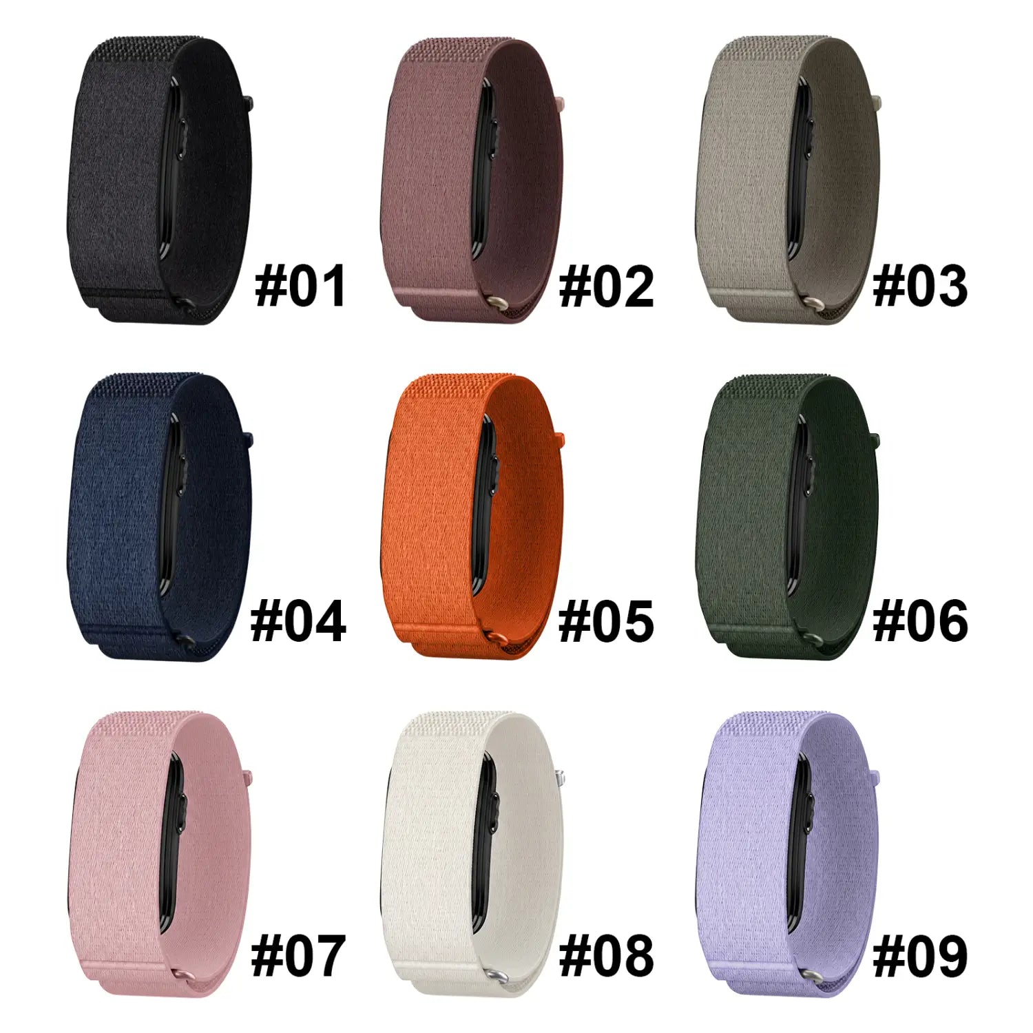 Nine breathable replacement straps for Cirqa smart band made of woven nylon fabric in black, rose gold, gray, navy blue, orange, forest green, blush pink, off-white, and lavender for adjustable sport watch use.