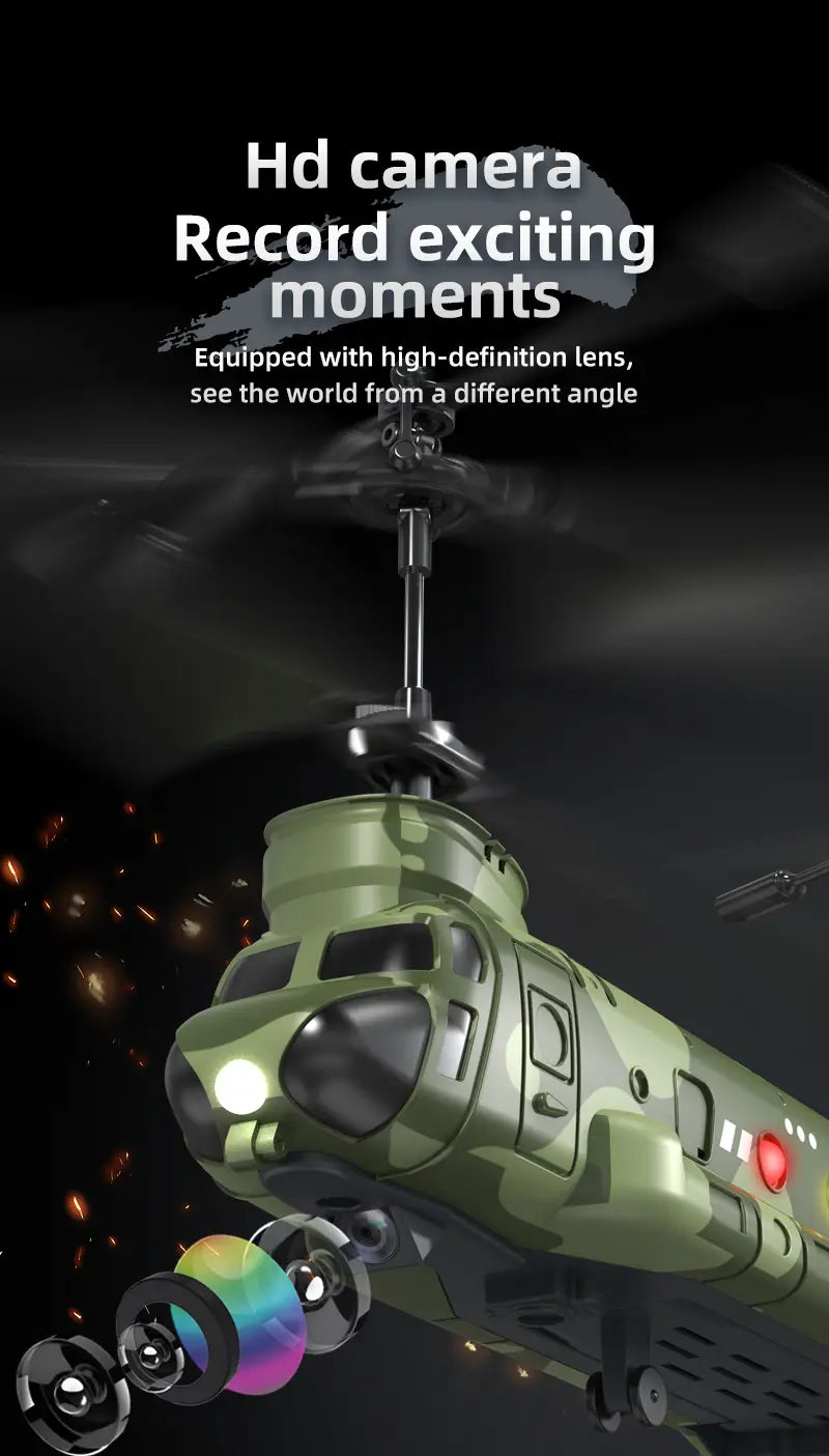 Helicóptero teledirigido de camuflaje verde oliva con lente de cámara de fotografía aérea en alta definición y luz LED roja, diseñado para el desarrollo de habilidades.