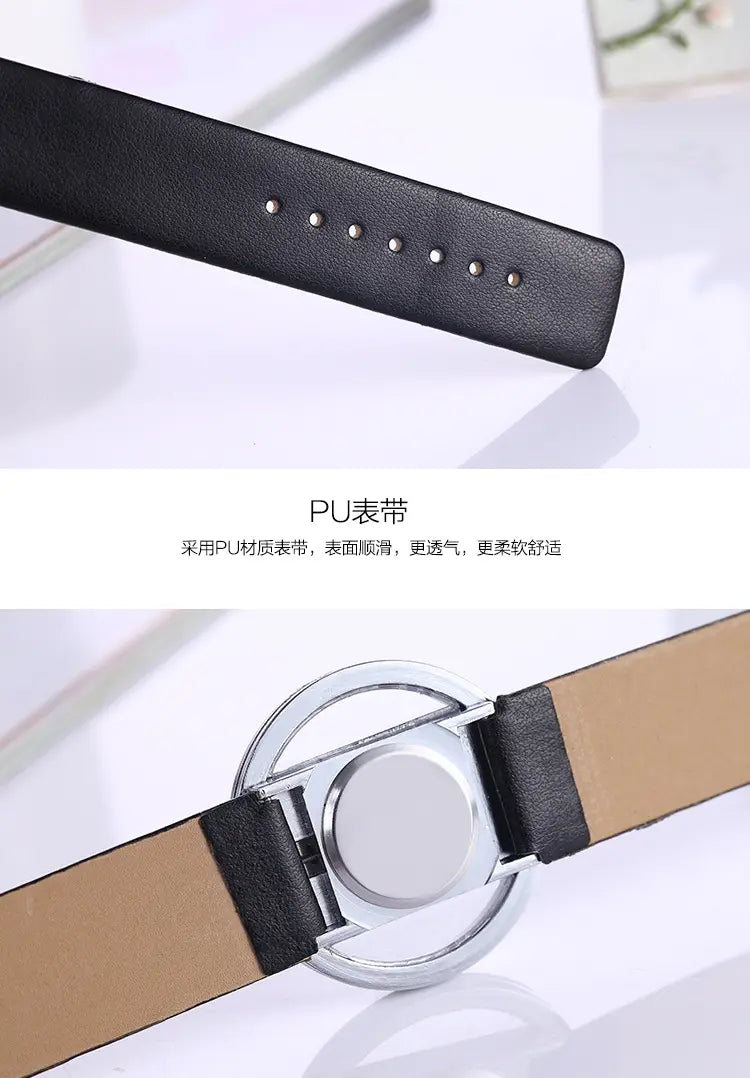 Black pu watch strap with a sleek smooth surface and silver-toned circular buckle for women luxury leather quartz watch with transparent dial