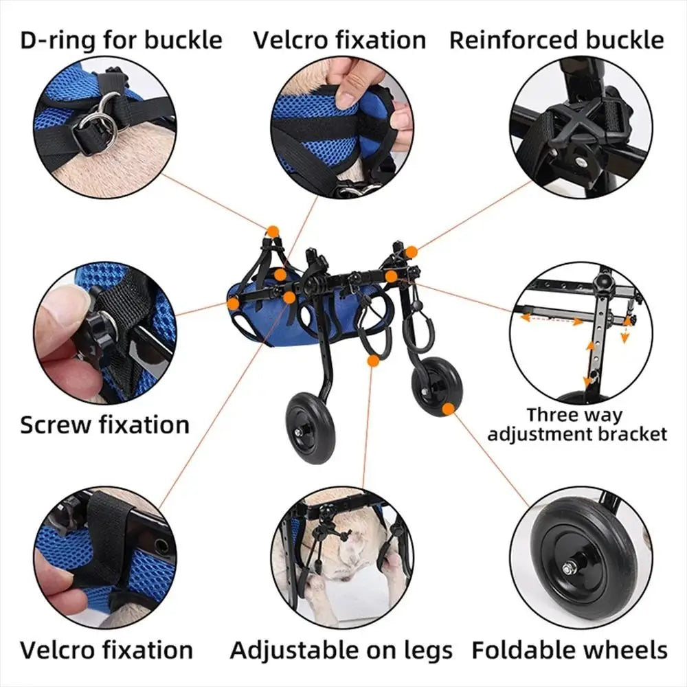 Blauer Mesh-Pet-Walk-Booster, verstellbarer Hundestuhl-Rollstuhl mit schwarzem Metallrahmen und klappbaren Rädern zur verbesserten Unterstützung der Mobilität.