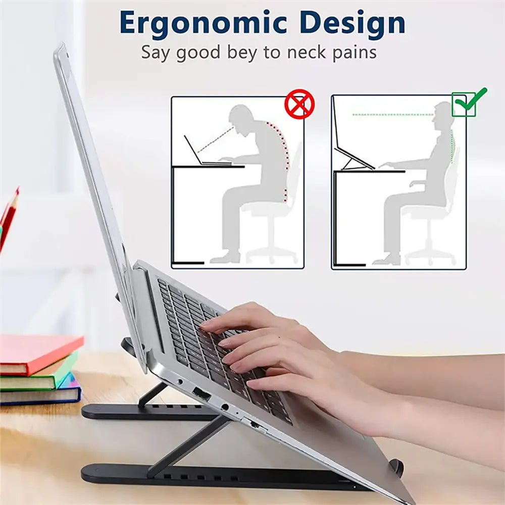 Support pour ordinateur portable ergonomique, pliable et réglable, noir, fabriqué dans une matière résistante, avec support de hauteur et d’angle pour une posture de frappe confortable.