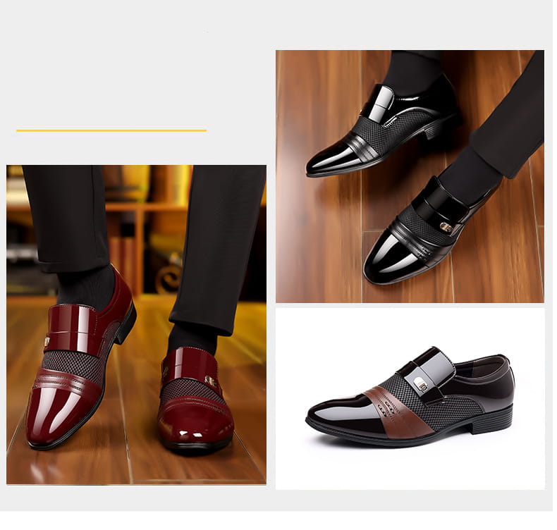 Zapatos de vestir de punta afilada de lujo para hombre con diseño negro y burdeos tipo mocasín, con acentos de charol brillante, paneles de malla y una hebilla elegante.