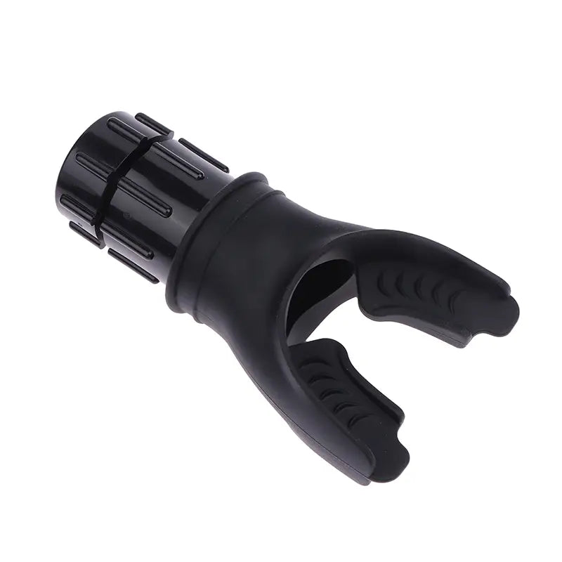 Black silicone dive regulator mouthpiece with textured grip and ergonomic design for lung capacity training device respiratory fitness tool.