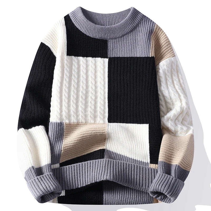 Fashion Men's Color Blocked Round Neck Knitted Sweater 2025 High-quality Skin Friendly Fashion Versatile Casual Sweater