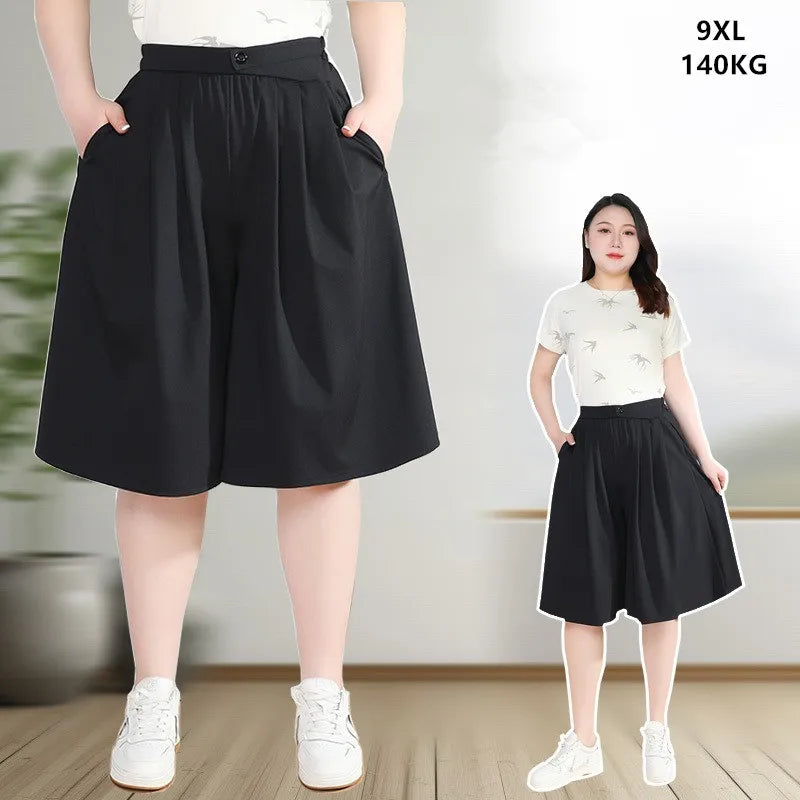 Women Summer Shorts Skirts Black Loose Wide Leg Lady Knee Length High Waist Casual Culotte Plus Size 7XL 9XLFemale Half Trousers