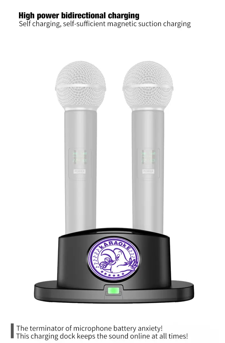 Station de charge double sans fil pour microphone de karaoké noire avec logo violet et voyant lumineux vert d’alimentation