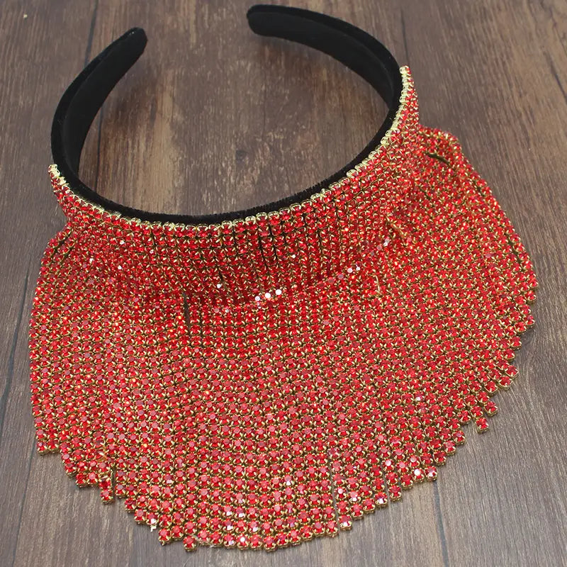 Visière à frange en strass rouges, avec bandeau en velours noir, pour le serre-tête en perles et strass de mariée élégant.
