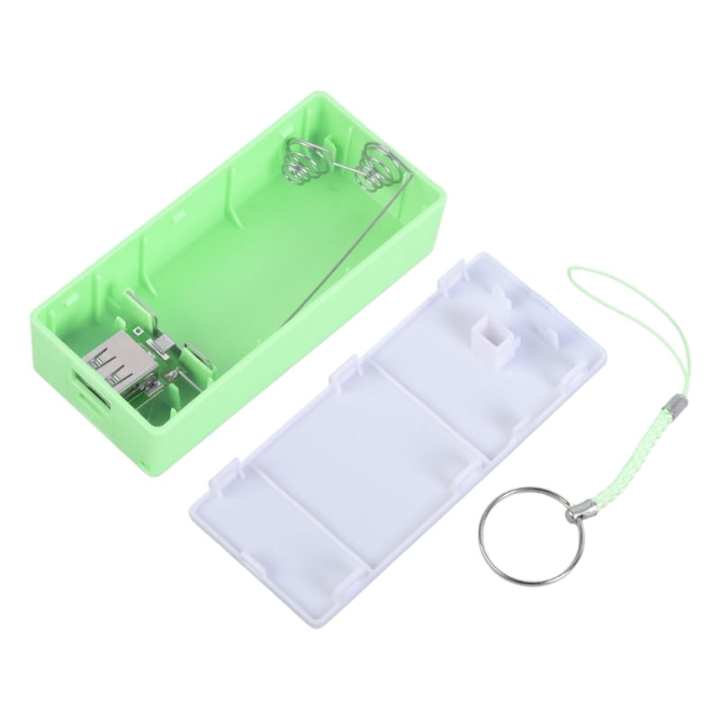 Hellgrüner Kunststoff-Powerbank-Bauanleitung für einen 18650-Akkubehälter mit weißem Deckel und Schlüsselanhänger-Anschluss zur tragbaren Aufladung