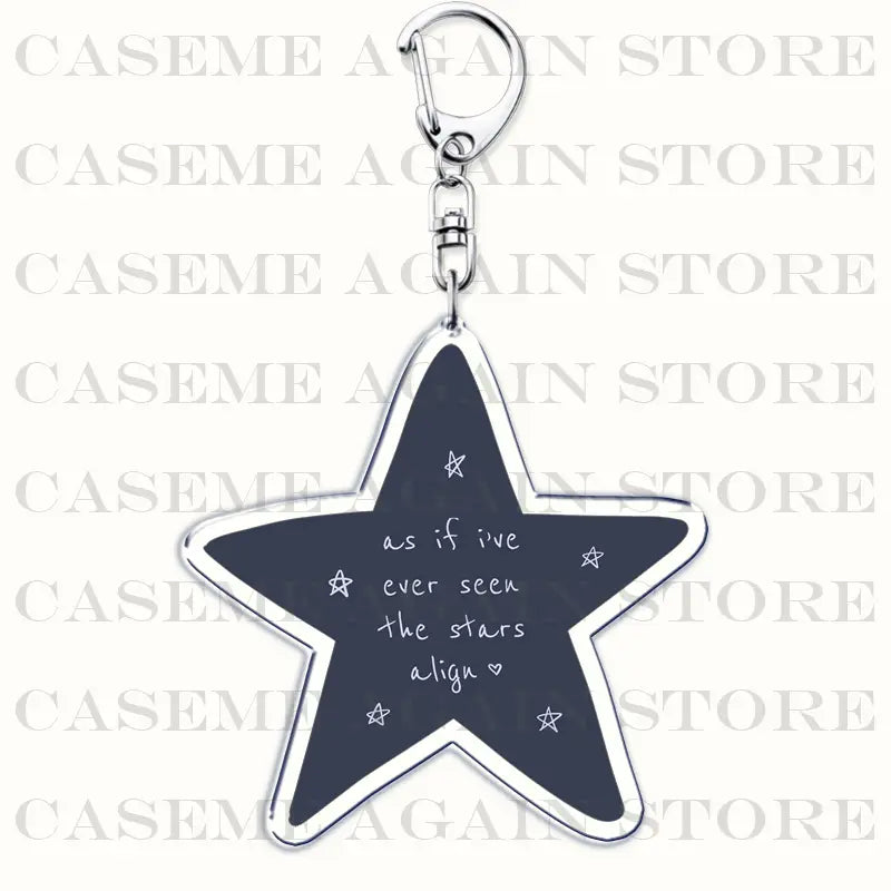 A dark gray acrylic star-shaped Gracie Abrams keychain with a silver metallic outline and clip featuring handwritten text as if ive ever seen the stars align surrounded by small white star illustrations ideal as an anime fan gift.
