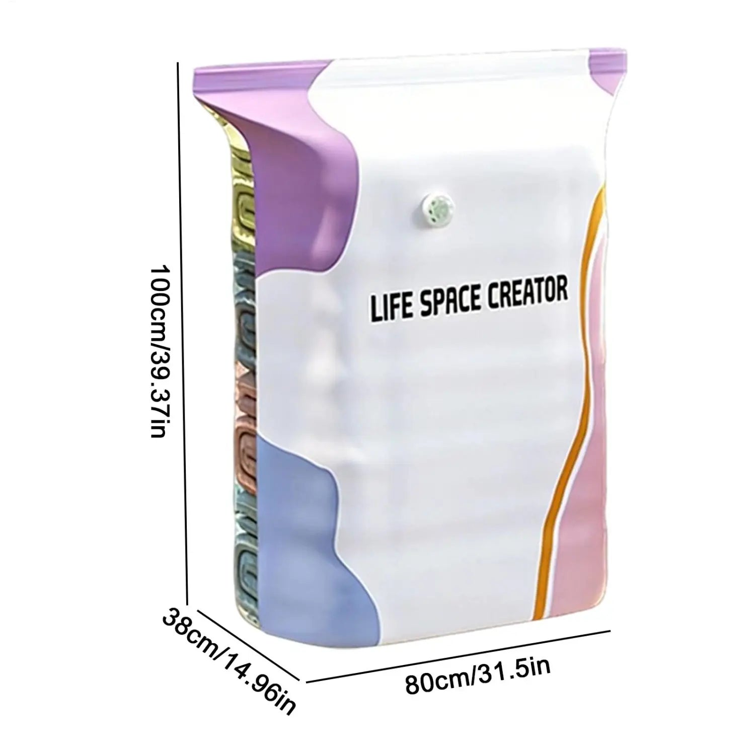 Ein eleganter moderner weißer Vakuum-Aufbewahrungsbeutel mit violetten und pinkfarbenen abstrakten Paneelen, mit Branding „Life Space Creator“, ausgelegt für eine Aufbewahrung ohne Pumpe und als große platzsparende Lösung.