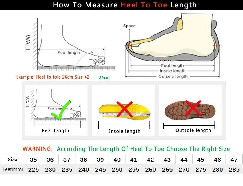 Schéma pédagogique pour mesurer la longueur du talon au bout du pied de mocassins homme décontractés en cuir à enfiler, illustrant la méthode correcte de mesure du pied et un tableau des tailles.