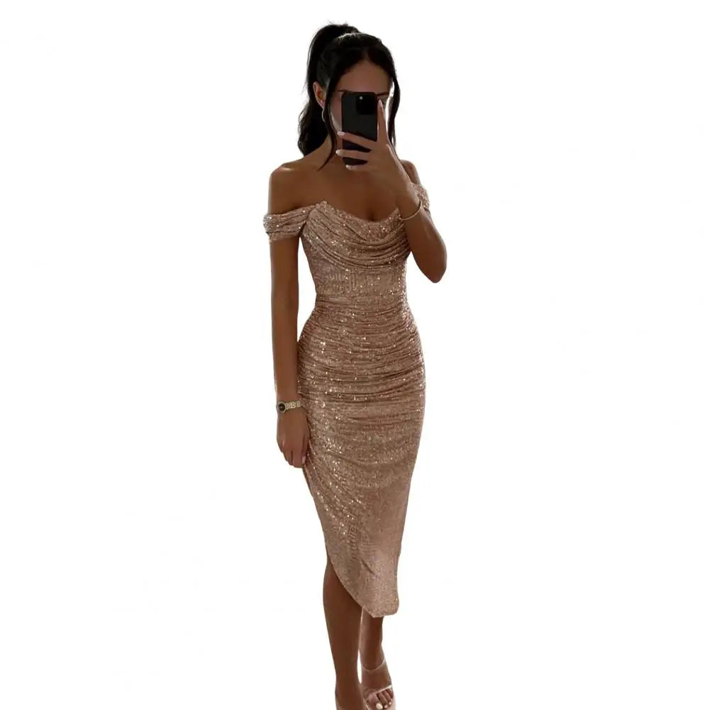 Women Christmas Party Dress Sequined Irregular Hem Evening Dress Low-cut Prom Wedding Party Formal Slit Hem Ladies Midi Dress