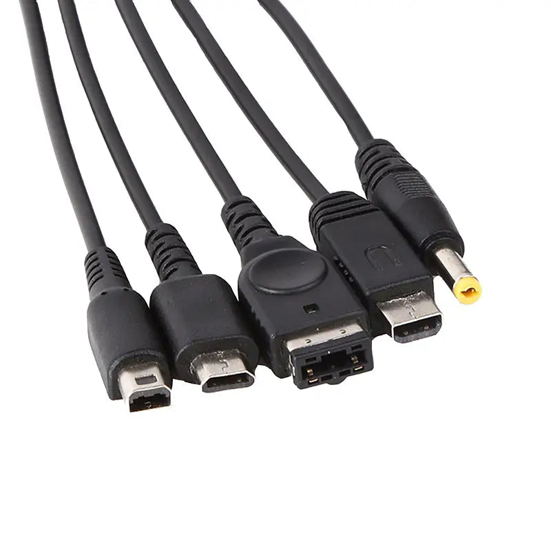 Black 5 in 1 multi console USB charging cable featuring various connectors including USB, micro-USB, and a yellow DC power jack for versatile device charging.