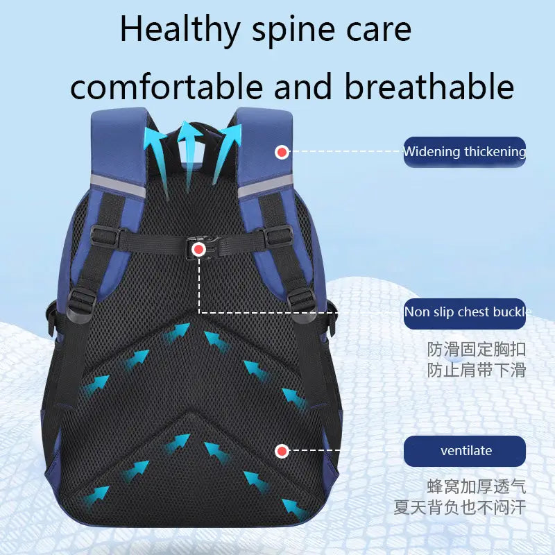 Blauer und schwarzer Mesh-Jungen-Astronauten-Schulrucksack mit gepolsterten Schulterträgern für eine gesunde Rückenpflege und wasserabweisendem Material, von der Rückseite abgebildet.