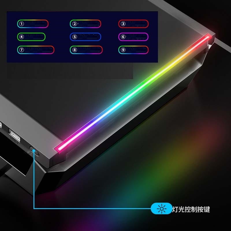 Un support de moniteur RGB noir élégant avec station d’accueil USB et tiroir de rangement, doté d’une bande lumineuse LED RGB vibrante le long de son bord
