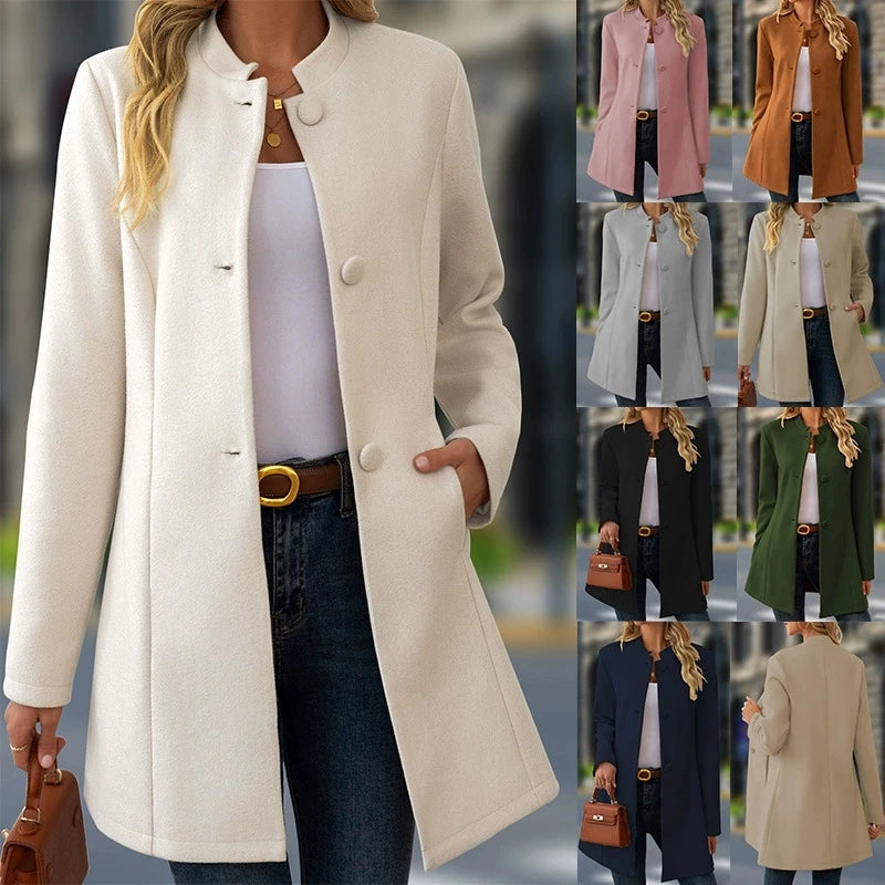 2026 New Autumn Winter Women Small Stand Collar Long Wool Blend Coat Casual Outerwear