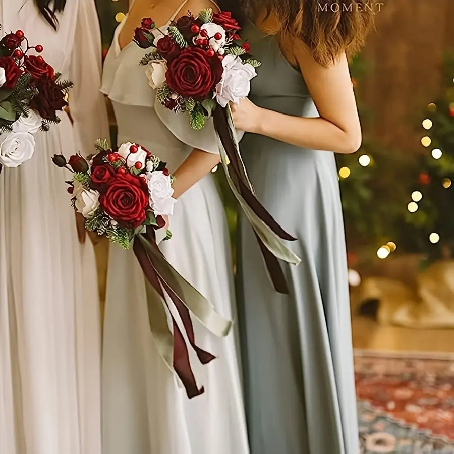Un élégant bouquet de mariage de fleurs artificielles, composé de roses en soie rouges foncées et blanches, avec verdure, baies et rubans flottants, pour la décoration.
