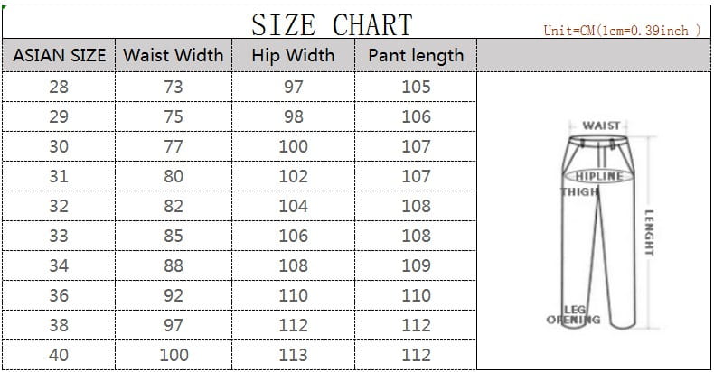 Asian size pants sizing chart displaying waist, hip, and pant length measurements for distressed straight denim jeans for men.